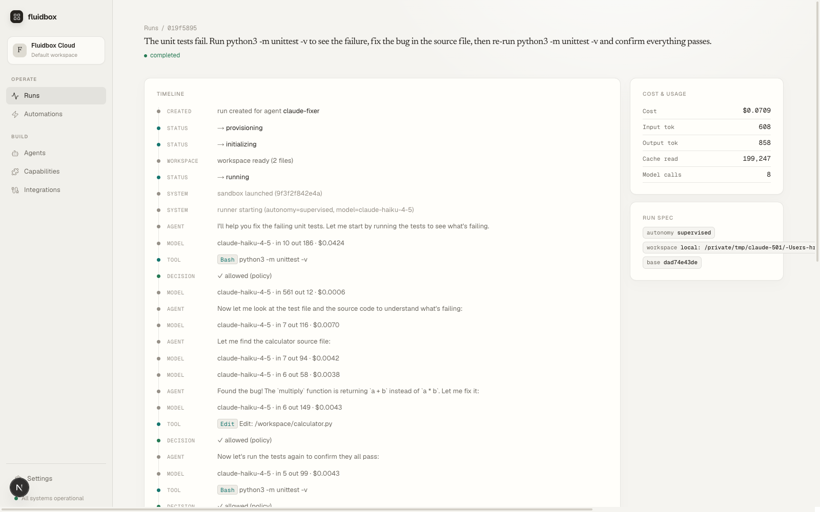 A completed fluidbox run showing its live timeline, policy decisions, model usage, and frozen RunSpec