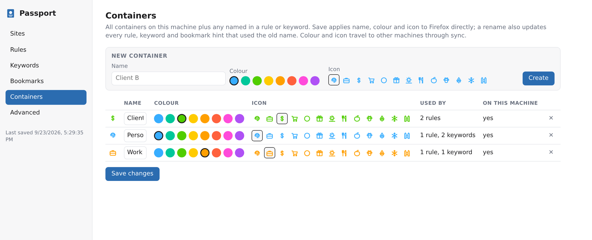 The Containers tab: name, colour and icon for every container