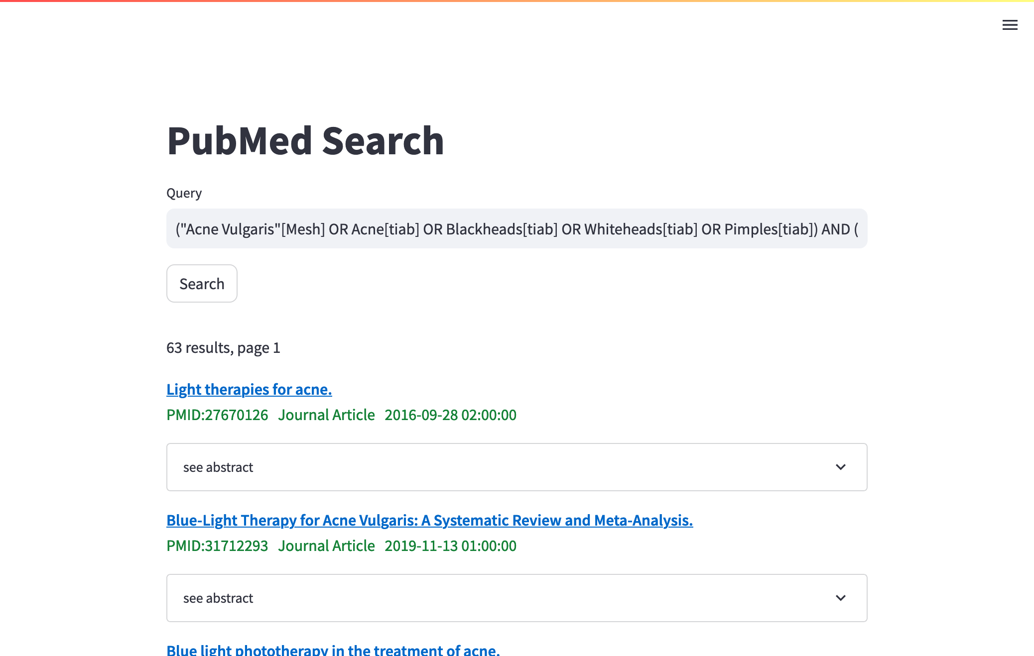 Screenshot of pybool_ir-ui in action, with a PubMed index