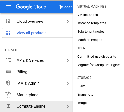 Compute Engine menu