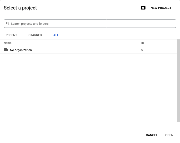 select a project dialog