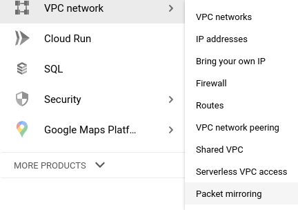 VPC network menu