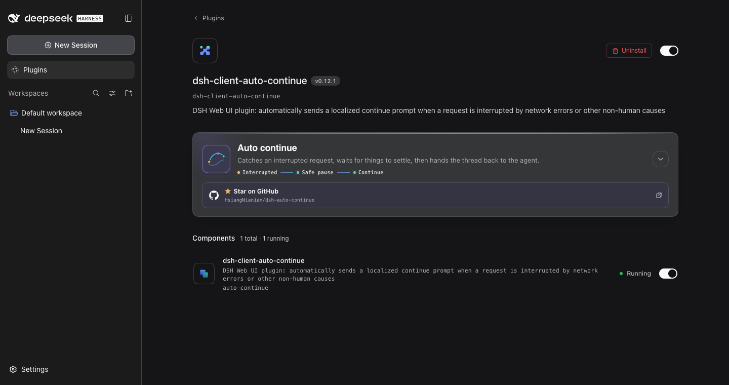 DSH 0.1.7 Plugins page with the Auto continue card collapsed