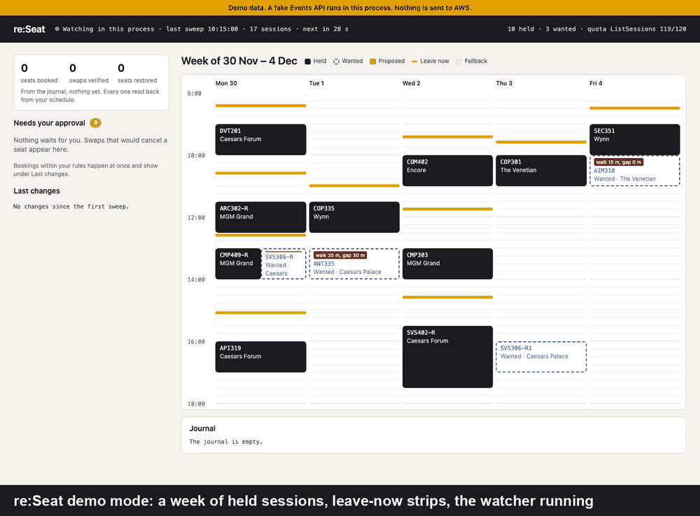 re:Seat demo mode: a seat opens and a swap waits for approval, a new sitting is booked, a room moves, the swap is verified
