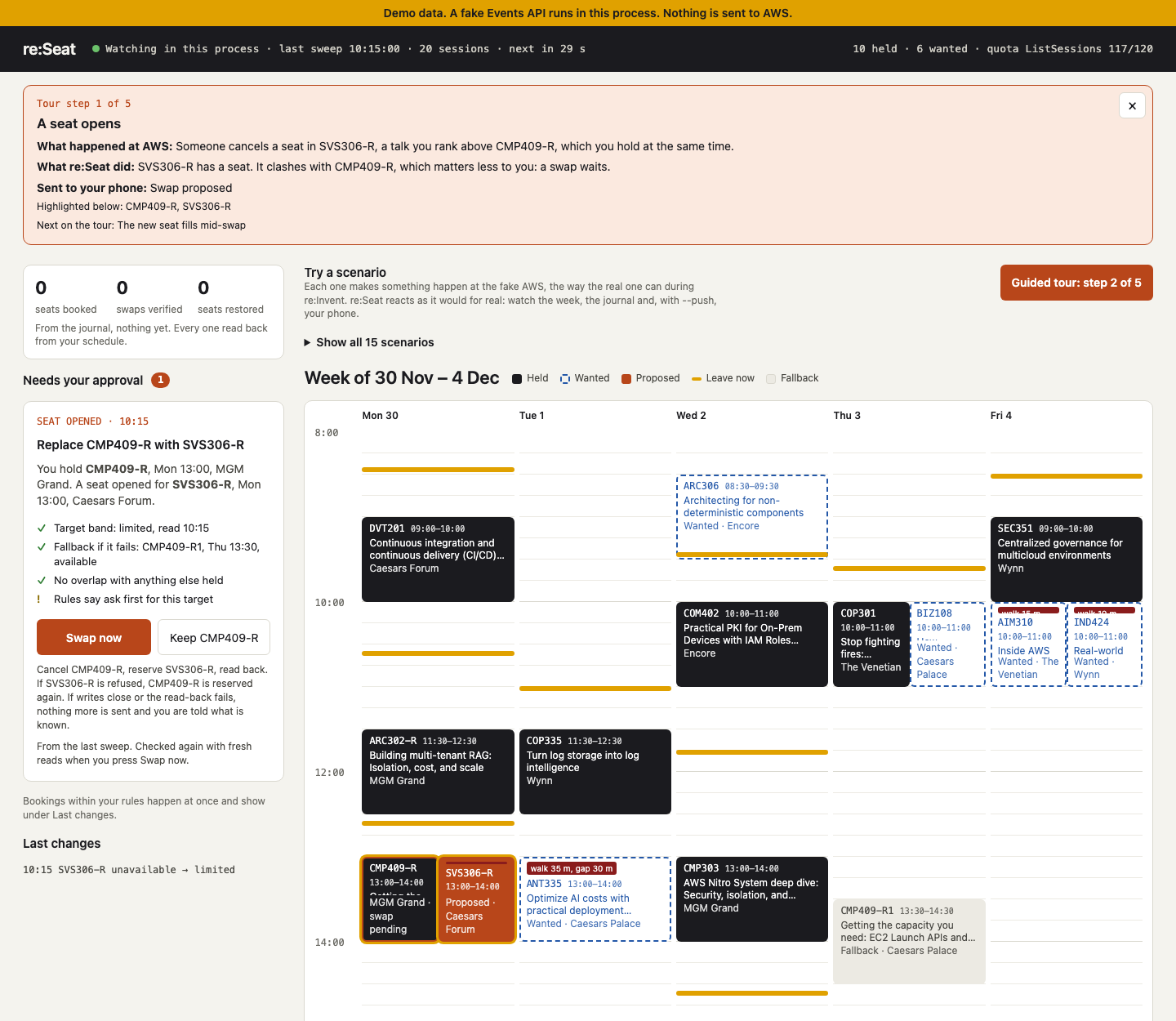 Dashboard: status line, a swap waiting for approval, the week grid, last changes and the journal