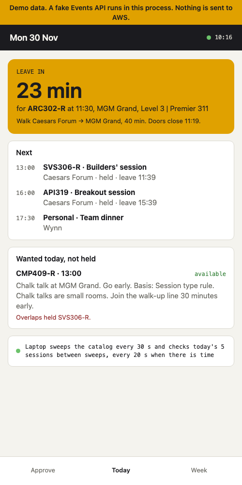 Today: leave-in countdown, next sessions, wanted sessions with queue-or-go advice