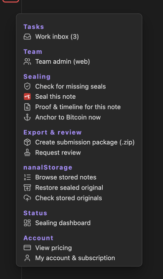 The nanalStamp ribbon menu: tasks, sealing, certificates, stored notes, dashboard, account