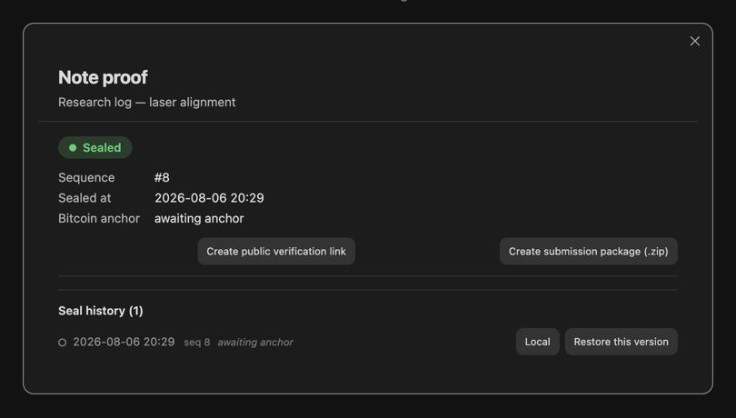 Note proof dialog with seal history and restore buttons