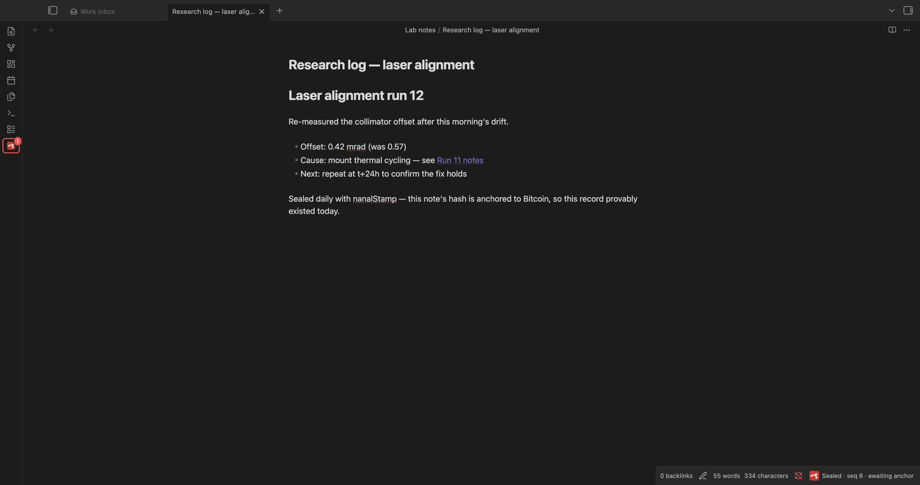 A note sealed by nanalStamp — the status bar shows "Sealed · seq 8 · awaiting anchor"