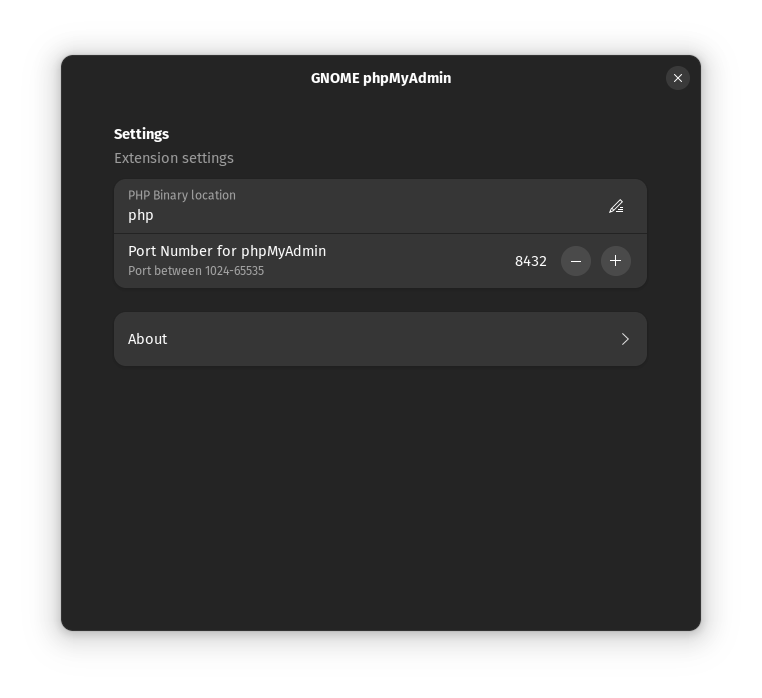 Screenshot of GNOME phpMyAdmin extension Settings