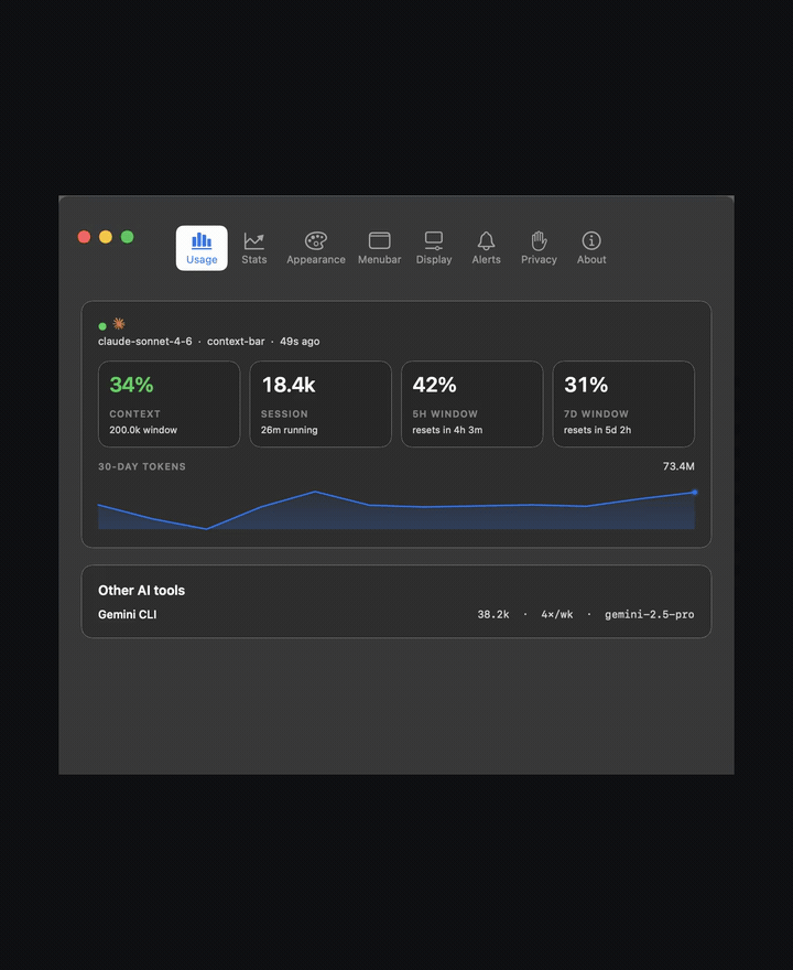 ContextBar demo showing Claude Code and Codex usage updating live on macOS