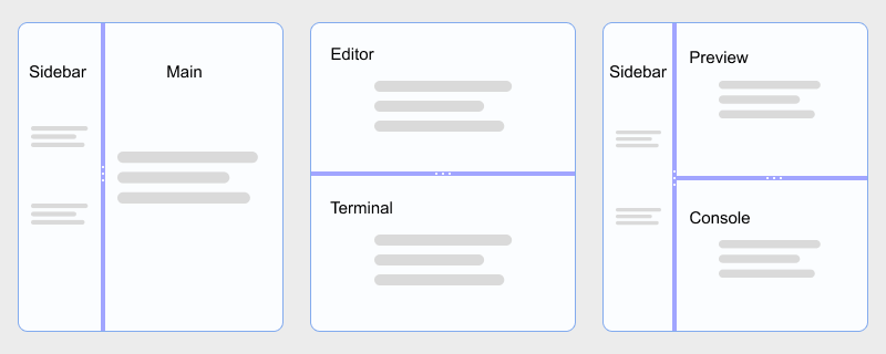 hcg-split-pane examples showing horizontal sidebar split, vertical editor and terminal stack, and nested IDE-style layout