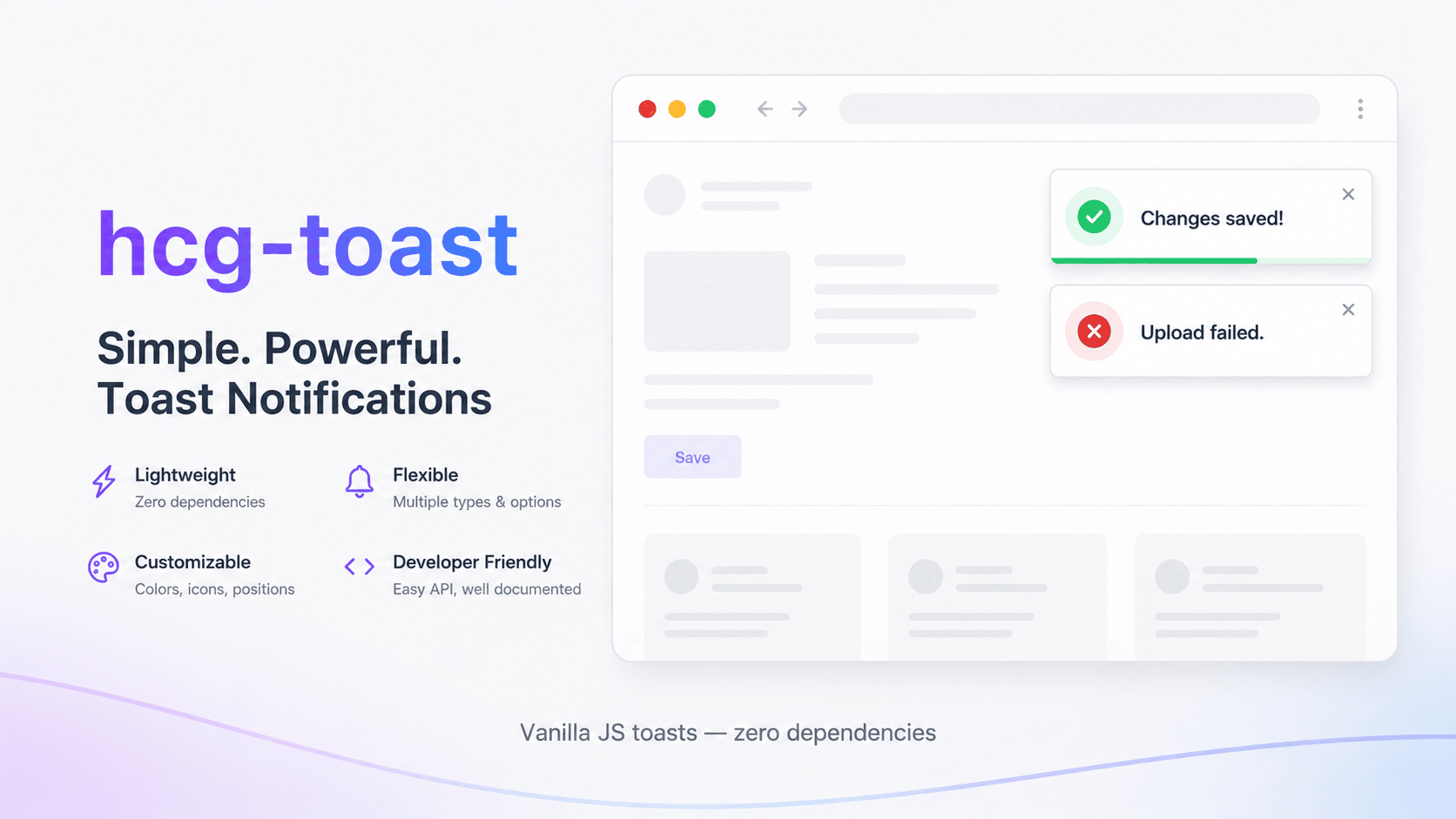hcg-toast — JavaScript toast notifications with success, error, info, and warning types