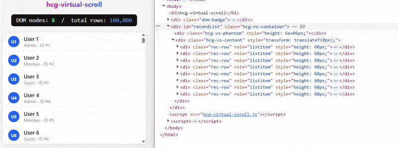 hcg-virtual-scroll - DOM node count stays near 10 while scrolling 100,000 rows