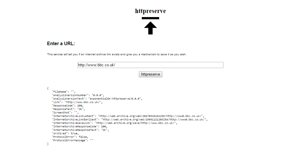 Image of the in-built HTTPPreserve server
