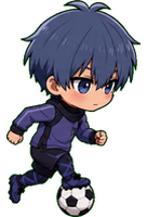 Shadow Striker, a chibi football striker in a black-and-indigo kit, running with a ball at his feet