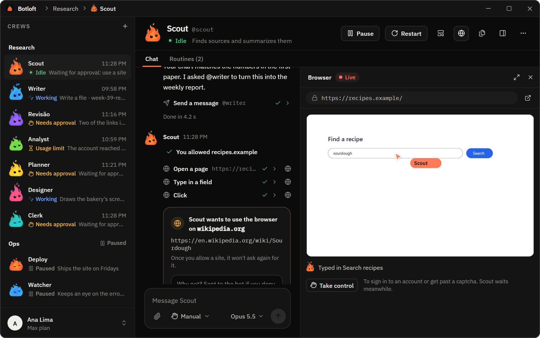Scout's chat with a request to use the browser, next to the live browser where Scout types in a search box