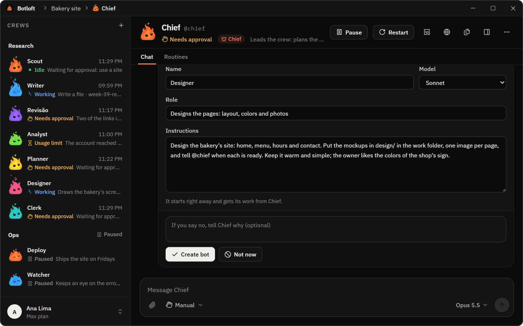 The Chief suggesting a new bot, Designer, with its name, model, role and instructions ready to edit