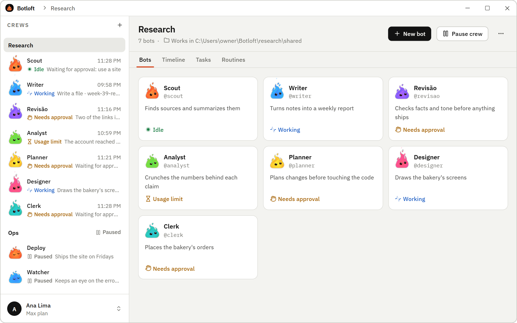 Botloft with the Research crew open: seven bots, each with its own color, state and job