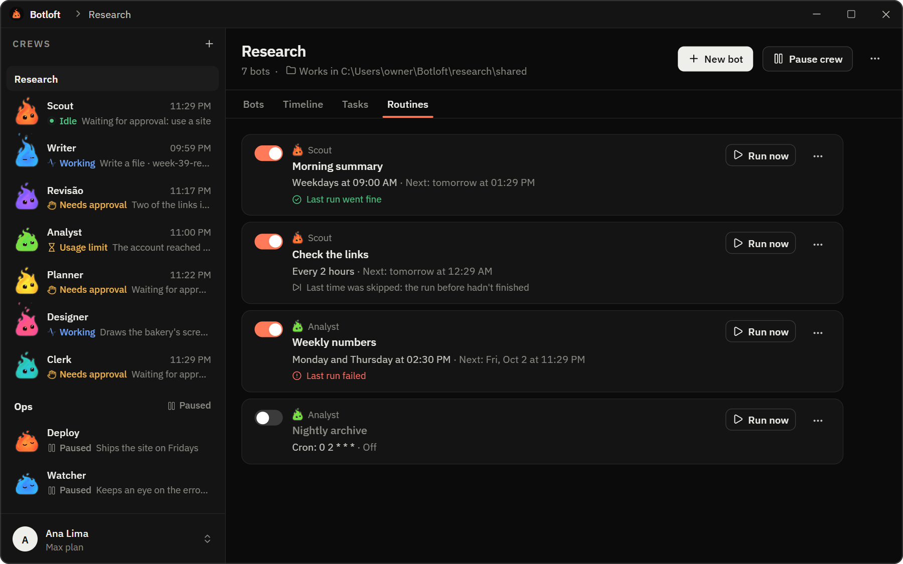 The crew's routines: a morning summary on weekdays, a link check every two hours, weekly numbers and a nightly archive