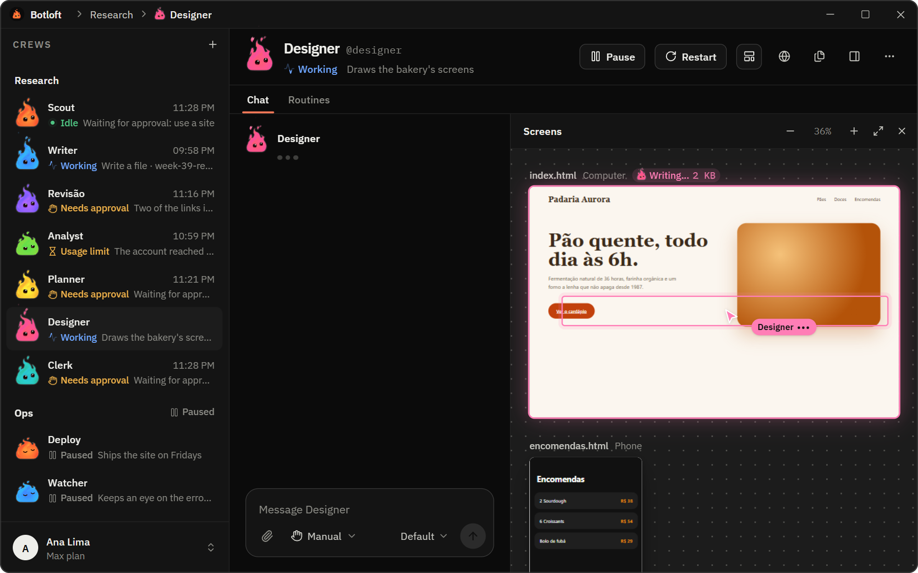 Designer writing a bakery landing page that takes shape in the screens area, with its cursor on the part being written