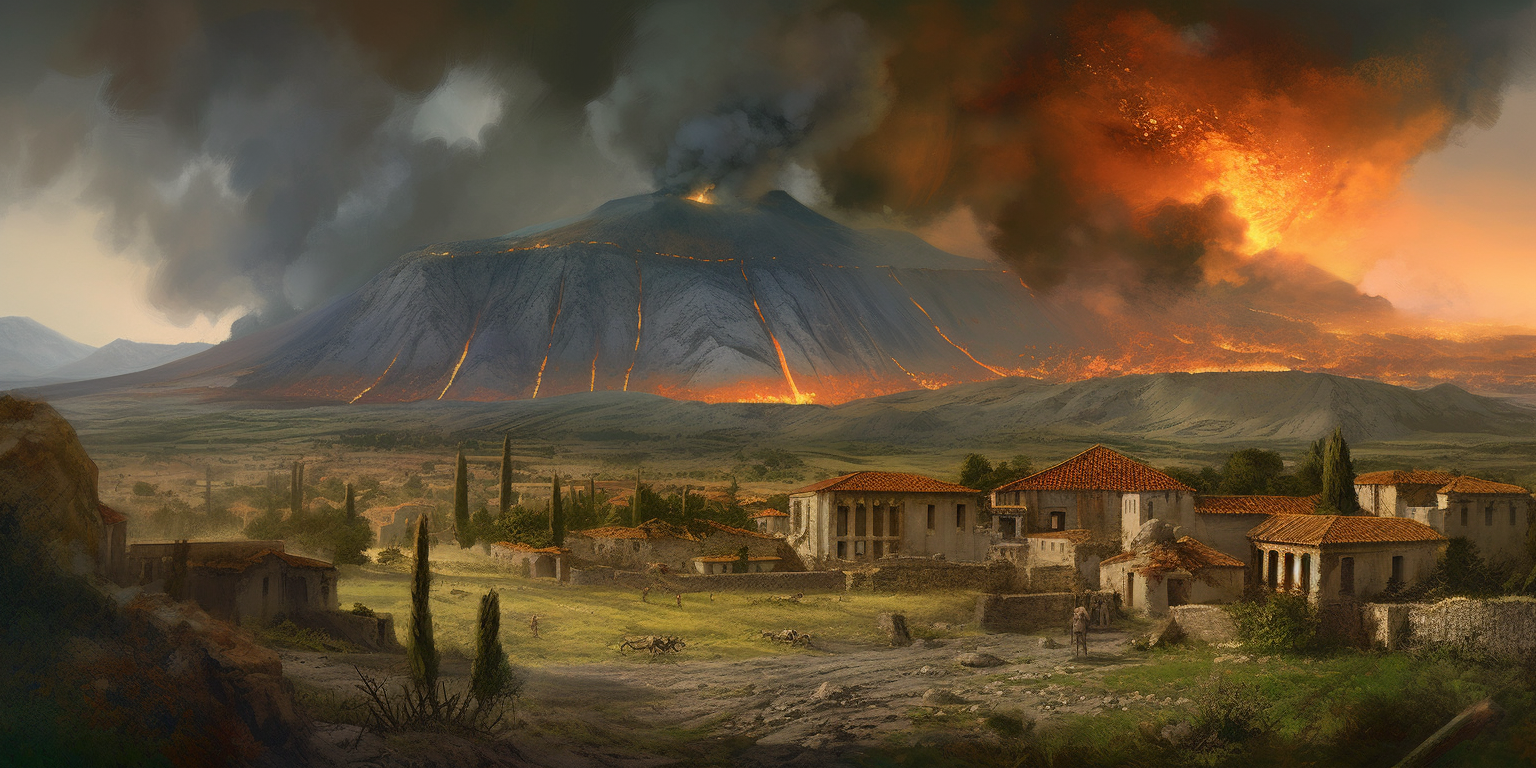 roman village at the foot of a large erupting volcano, ancient mosaic fresco, apocalypse, fantasy digital art, roman columns villa --v 5 --ar 2:1