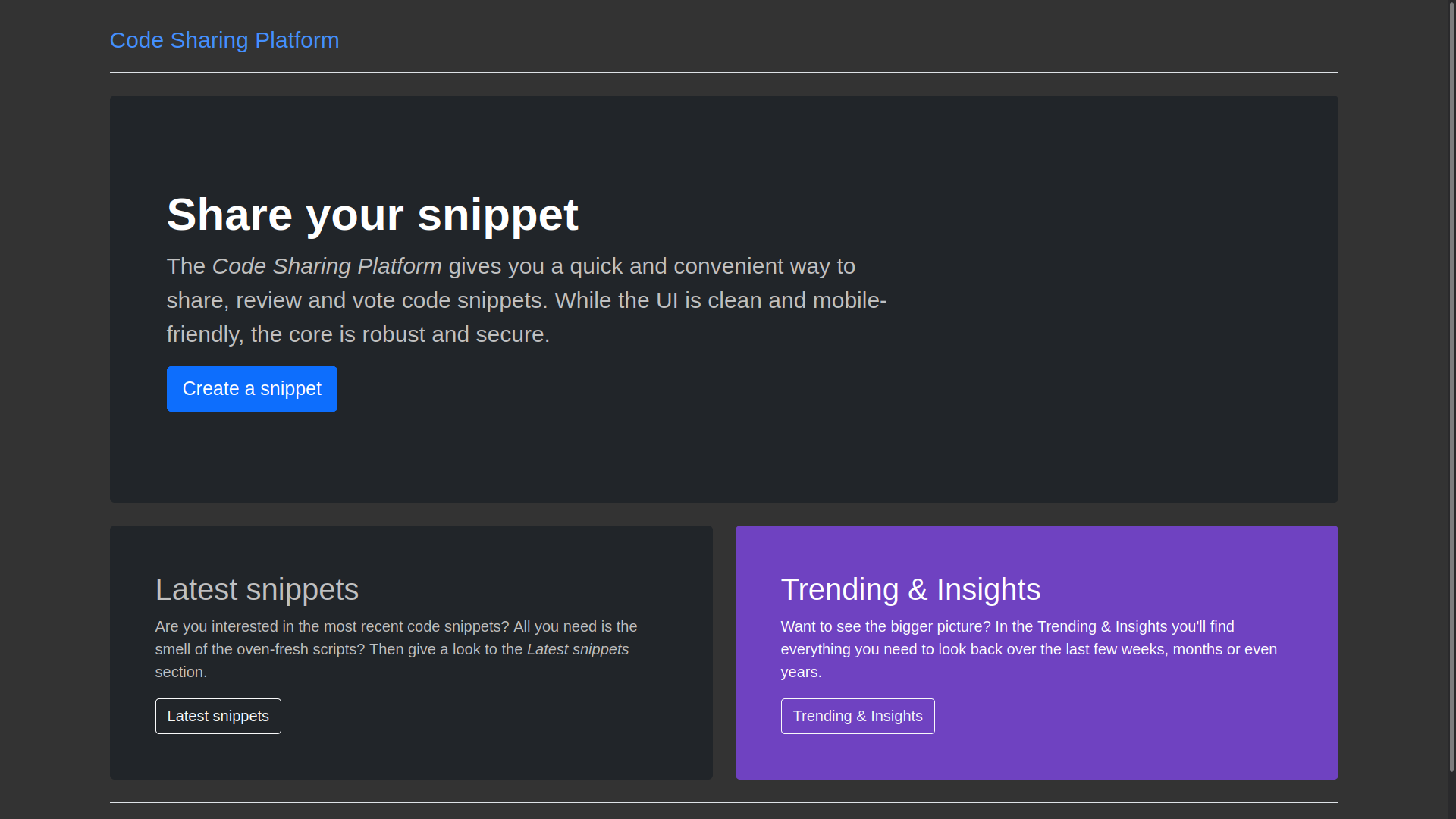 The home page of Code Sharing Platform