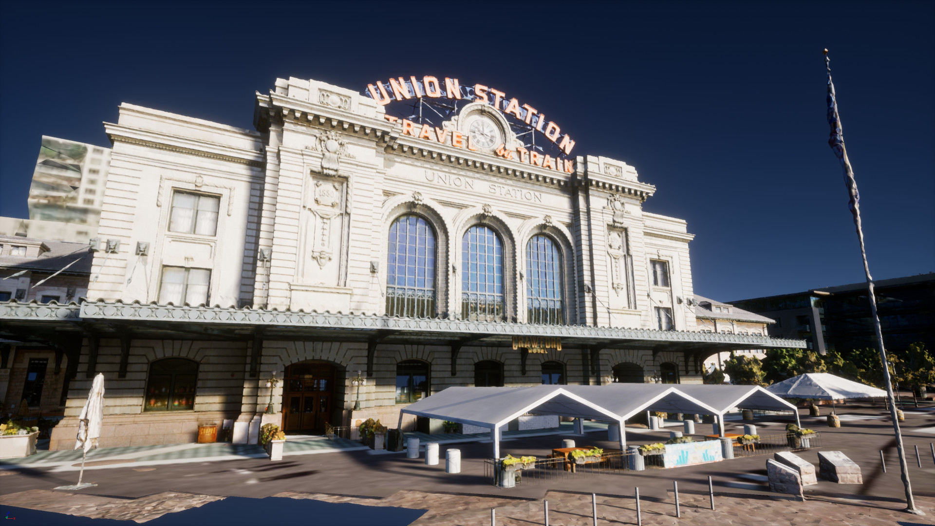 Photogrammetry of Union Station in Denver, CO captured by Aerometrex visualized in Unreal Engine using Cesium for Unreal.