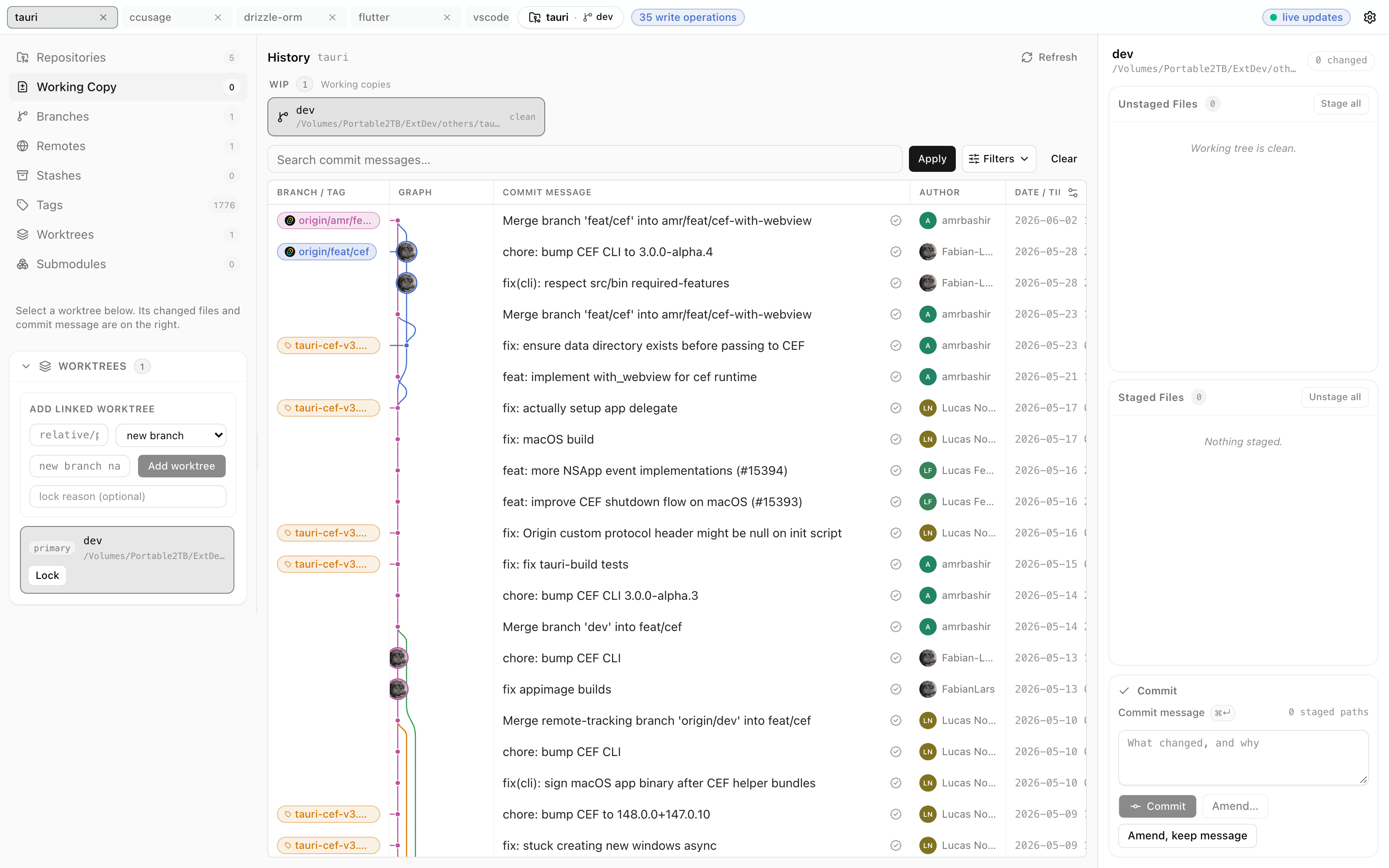 The Refyard desktop workbench: a braided commit history graph, the working copy, and the repository panel rail