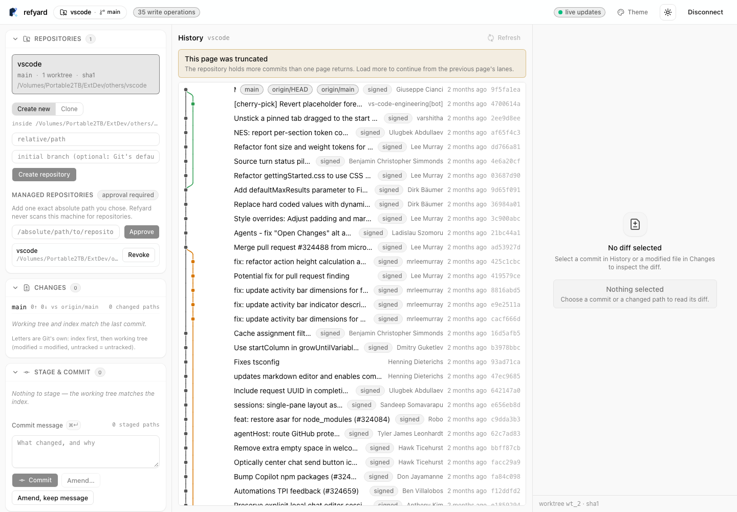 The Refyard history graph inside a VS Code webview