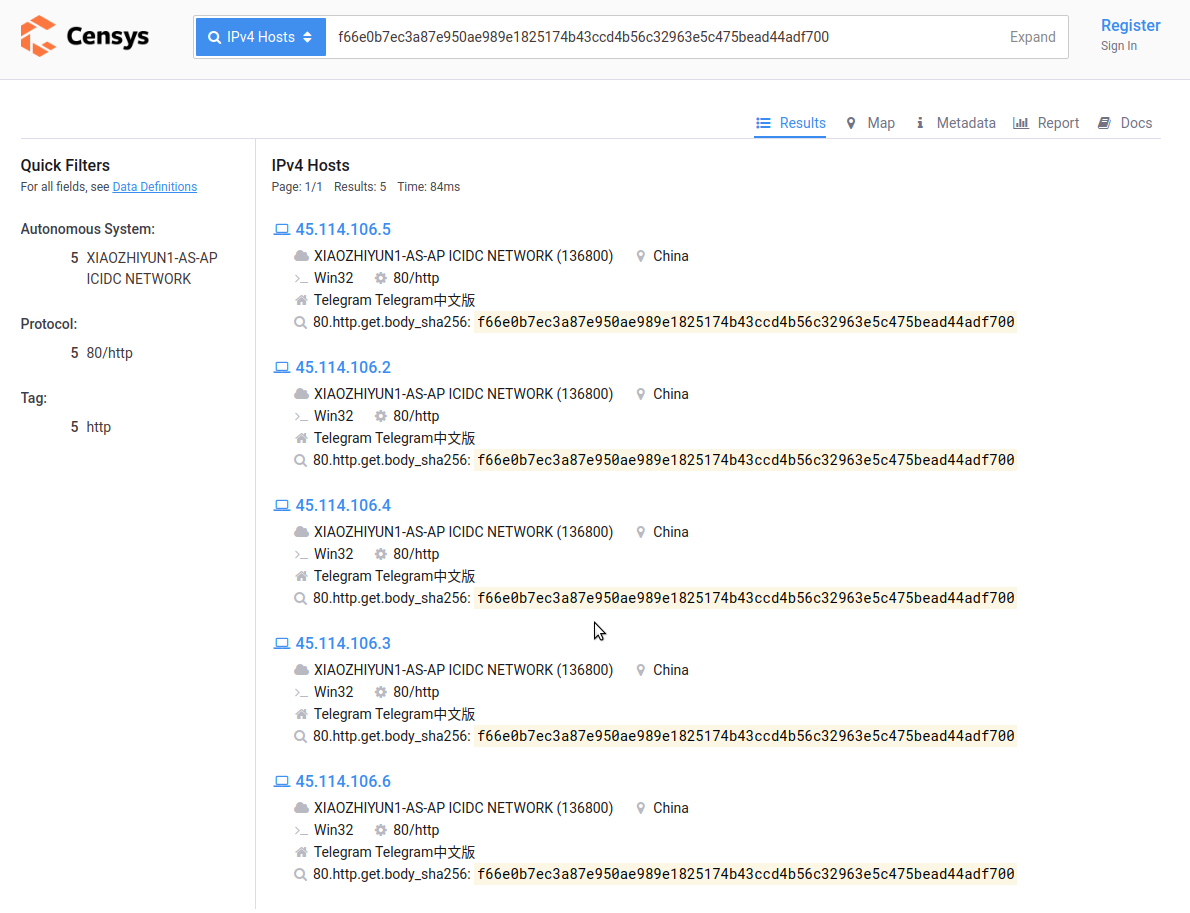 alt Censys search results for HTTP body hash