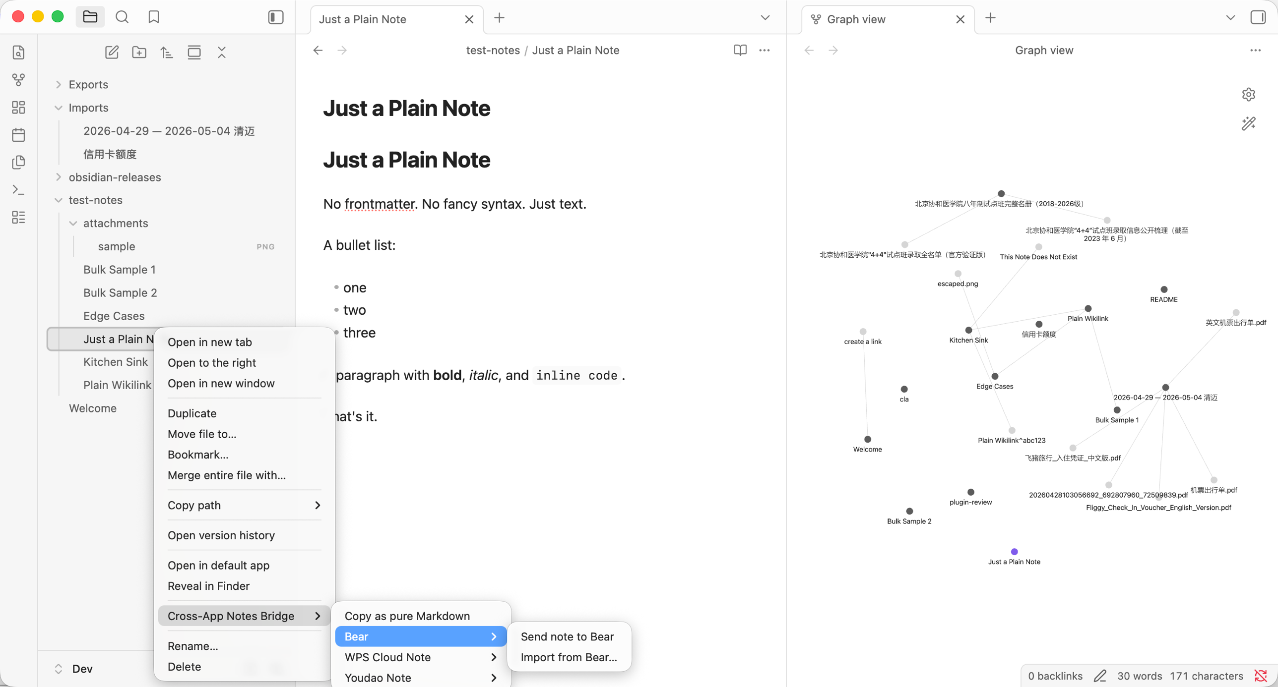 Right-click submenu showing Notes Bridge actions