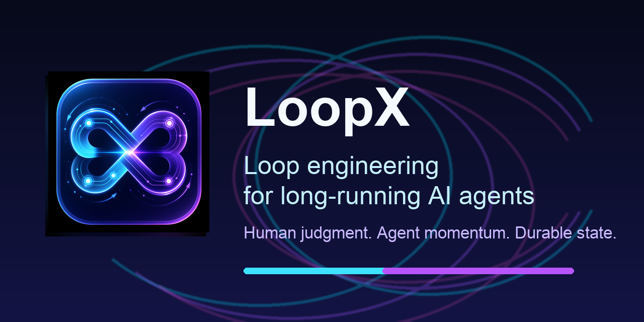 LoopX의 소셜 프리뷰 배너 이미지로, 프로젝트 명과 'Loop engineering for long-running AI agents' 슬로건 및 핵심 키워드(인간 판단, 에이전트 모멘텀, 내구 상태)를 포함합니다.