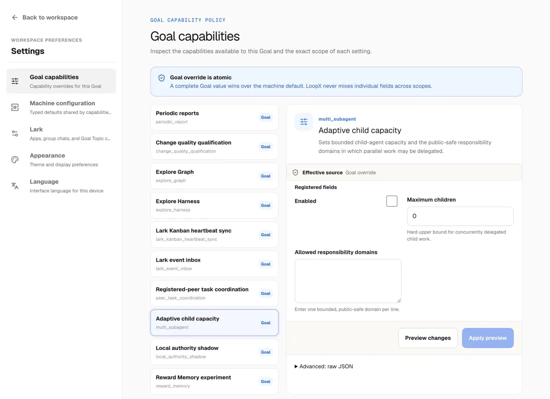 Real Workspace recording: configure child-task capacity and allowed responsibility domains