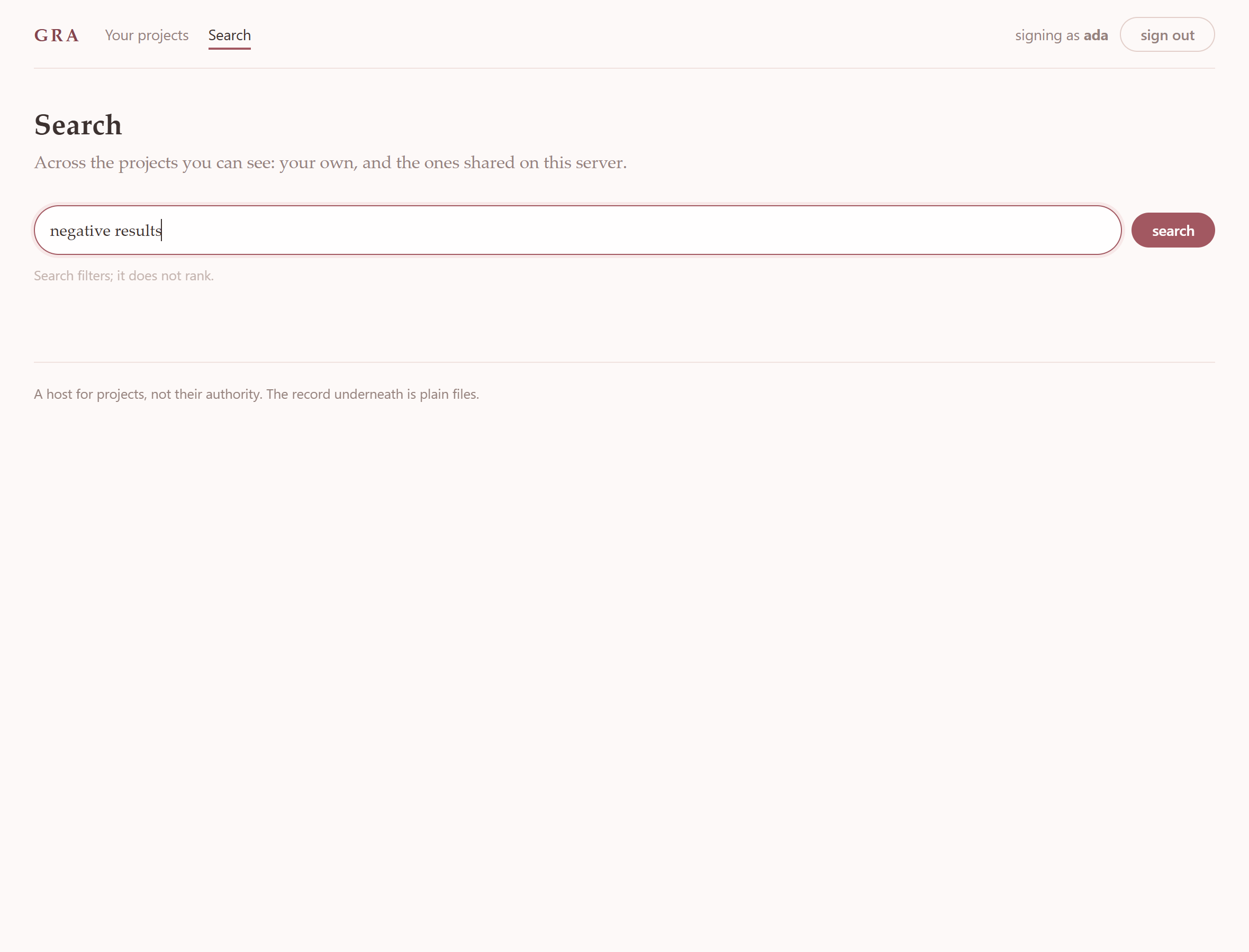 The search page with matches highlighted and a note that results are ordered by record then by trajectory, never by relevance