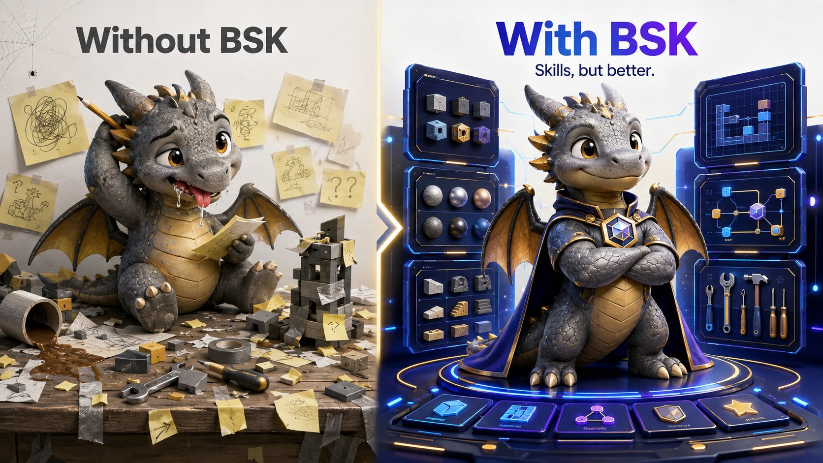 Without BSK / With BSK：Skills, but better.