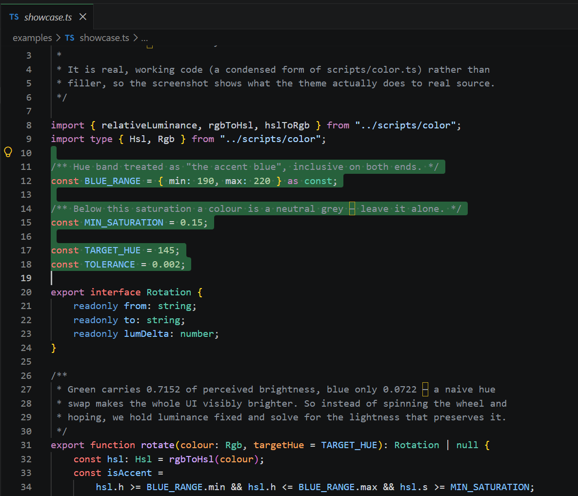 Dark 2026 Green — a selection in the theme's own colour code, showing the green selection highlight against Dark 2026's untouched syntax colours