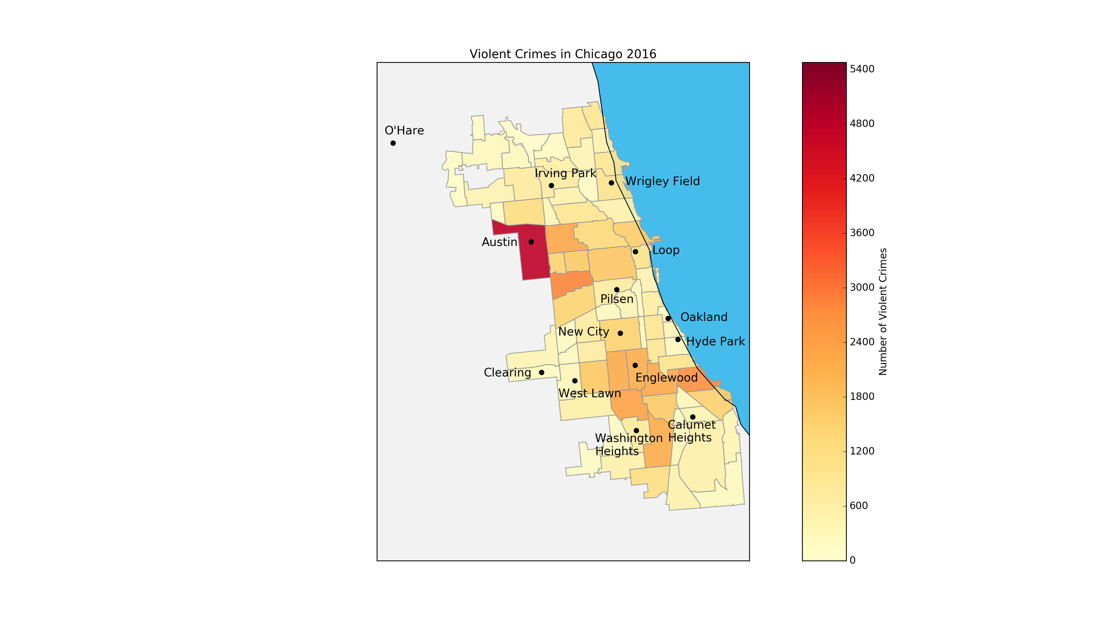 Neighborhoods colored by number of violent crimes in 2016