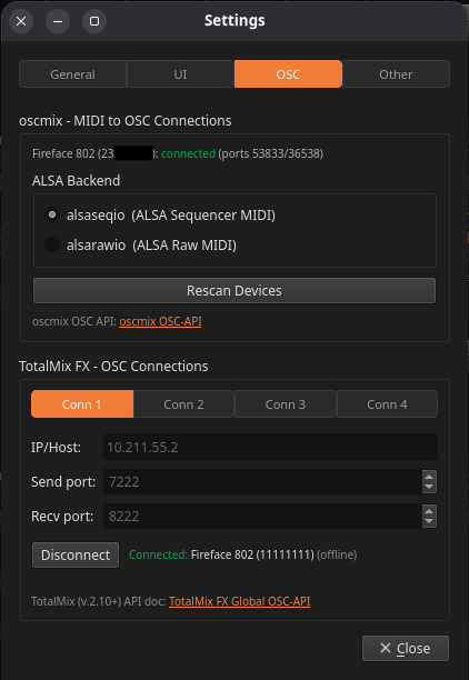Settings dialog - OSC page (Linux)