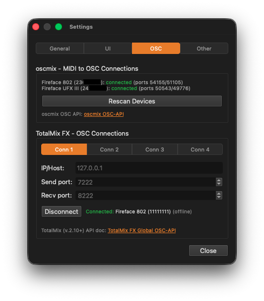 Settings dialog - OSC page (macOS)