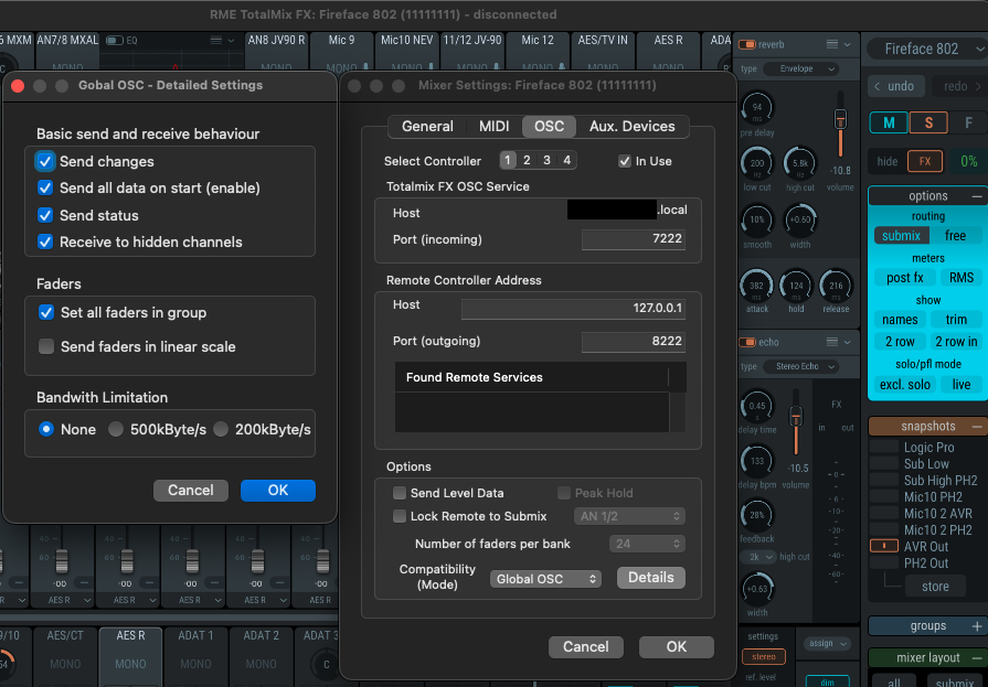 TotalMix FX OSC settings — Fireface 802
