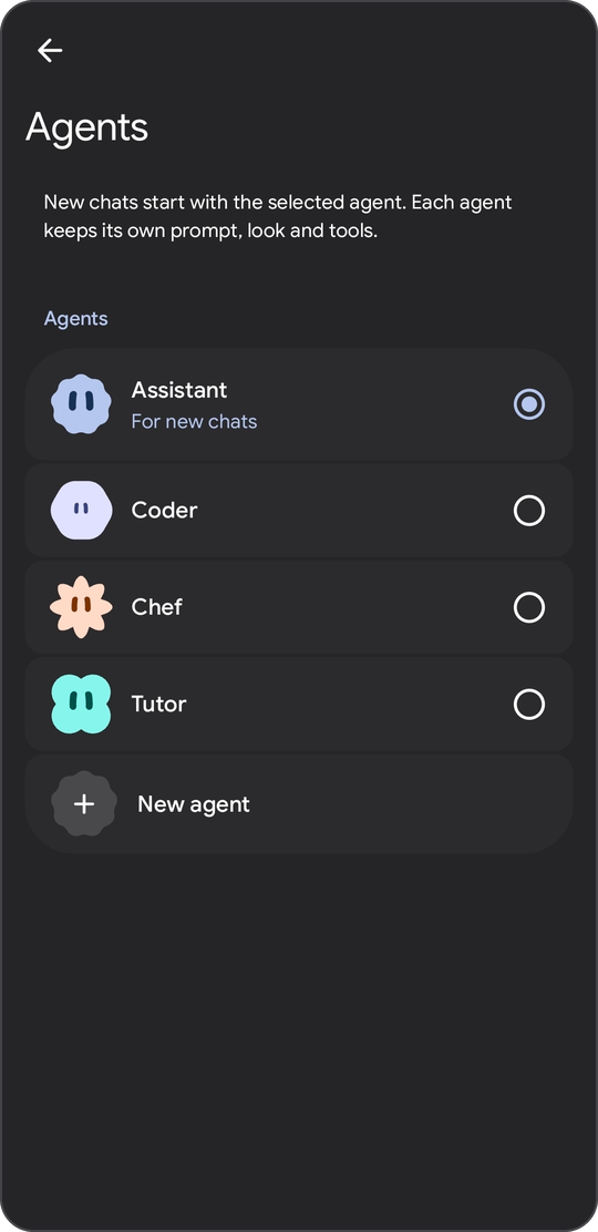 The agent list with Assistant, Coder, Chef and Tutor