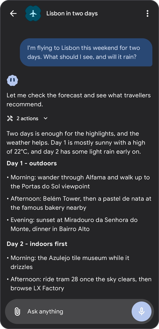 A reply that checked the weather and searched the web