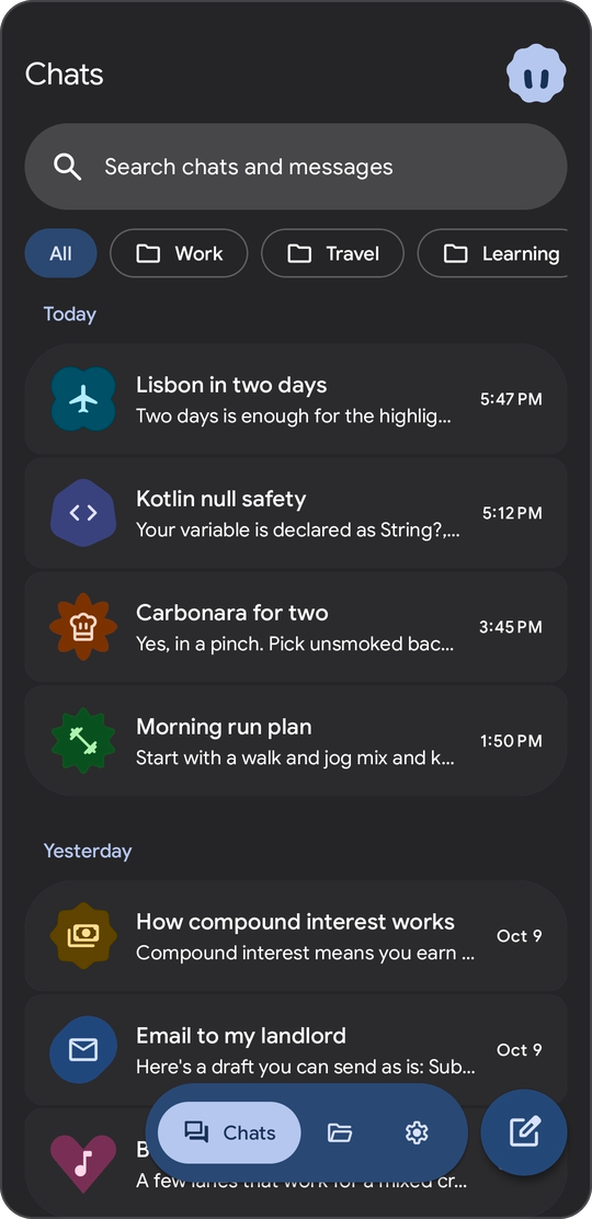 The chat list, each chat with its own icon, color and shape