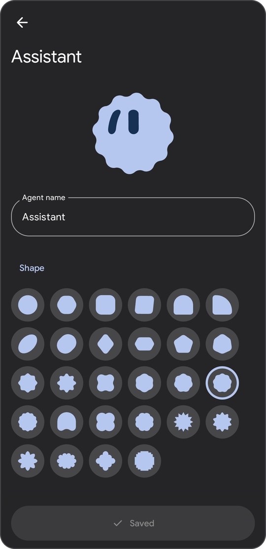 The agent editor for Assistant, with a name field and a grid of avatar shapes