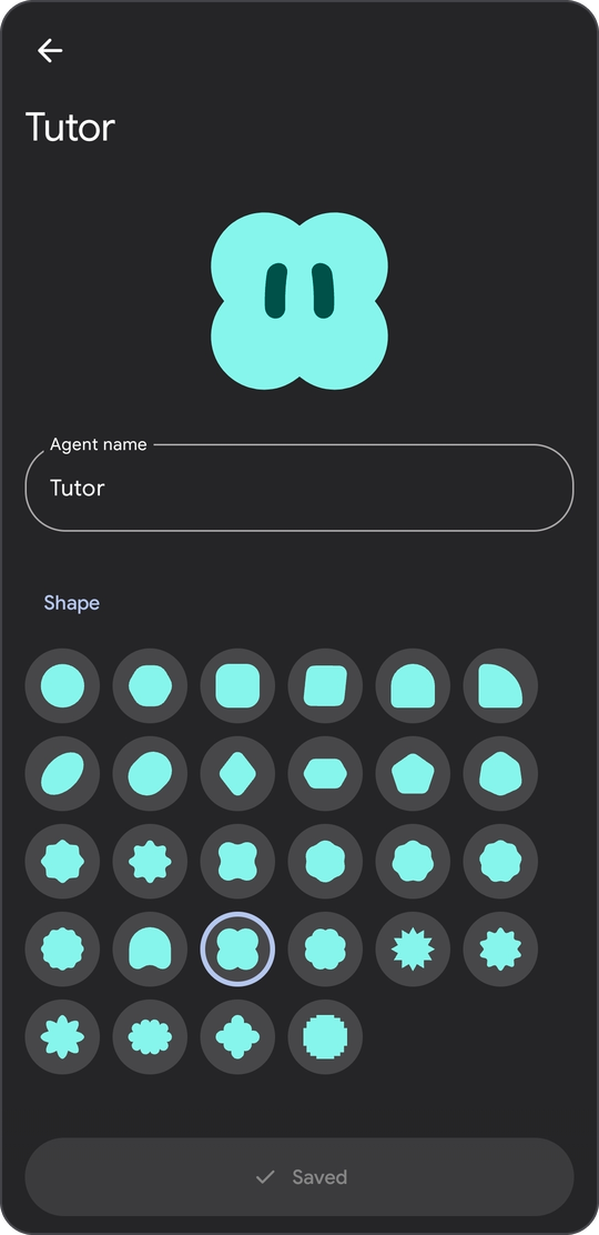 The agent editor for Tutor, with a four-leaf clover avatar in mint