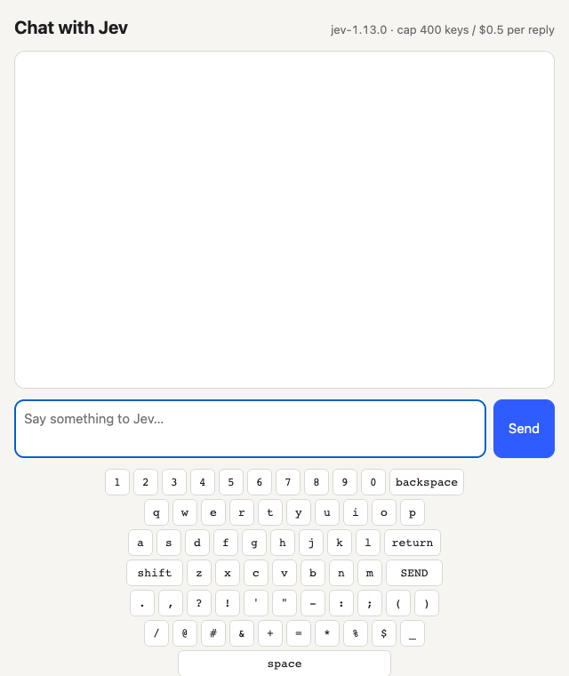 say-hi demo: Jev answers hi, 3x5, 30x50, who invented relativity, and more, typing one key at a time