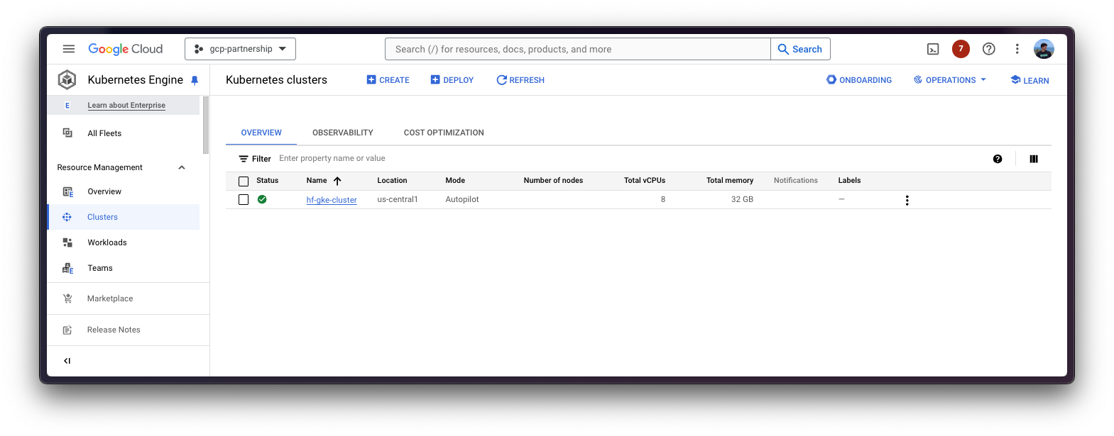 GKE Cluster in the GCP Console