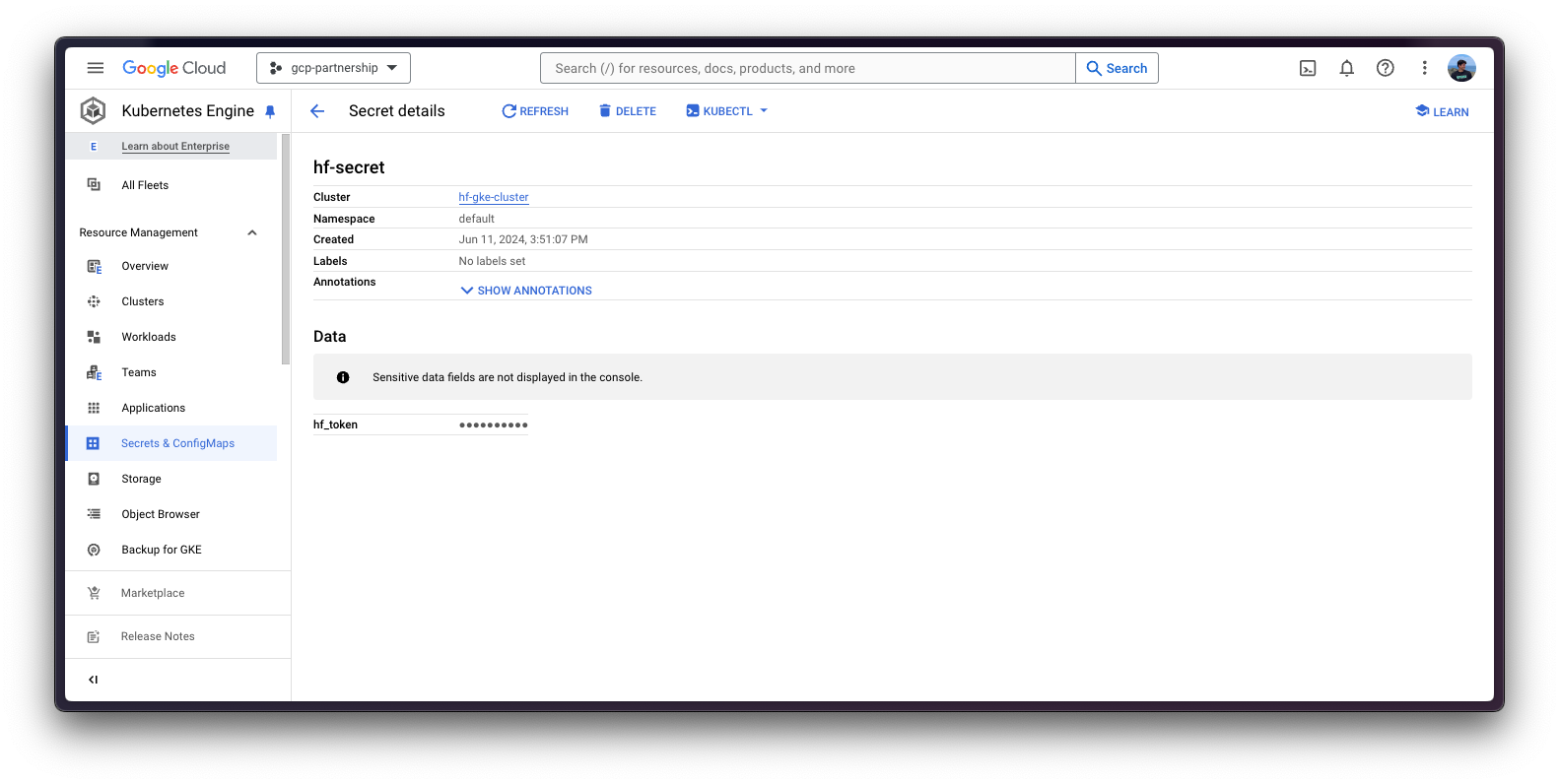 GKE Secret in the GCP Console