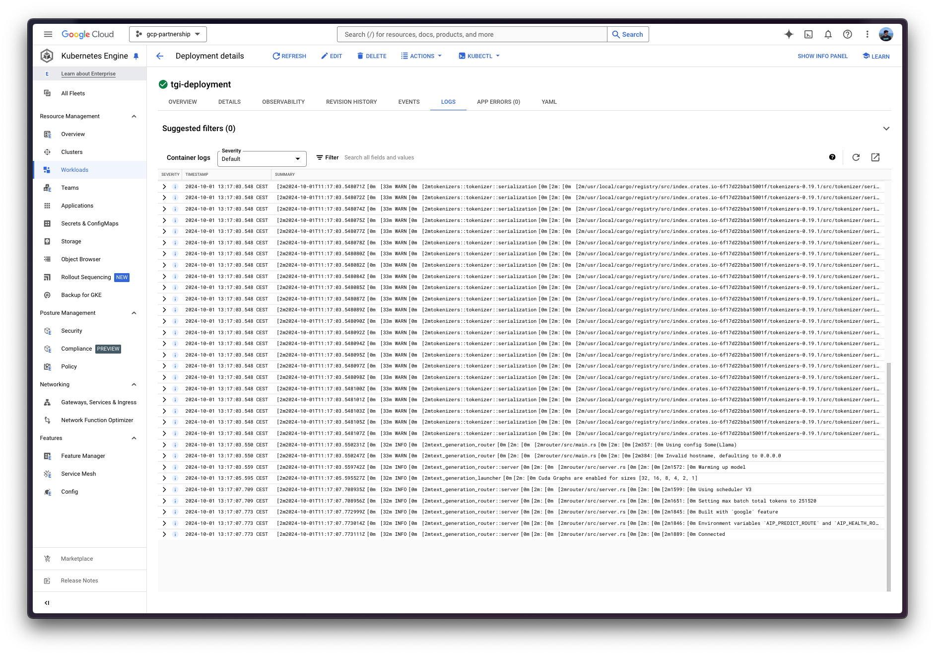 GKE Deployment Logs in the GCP Console